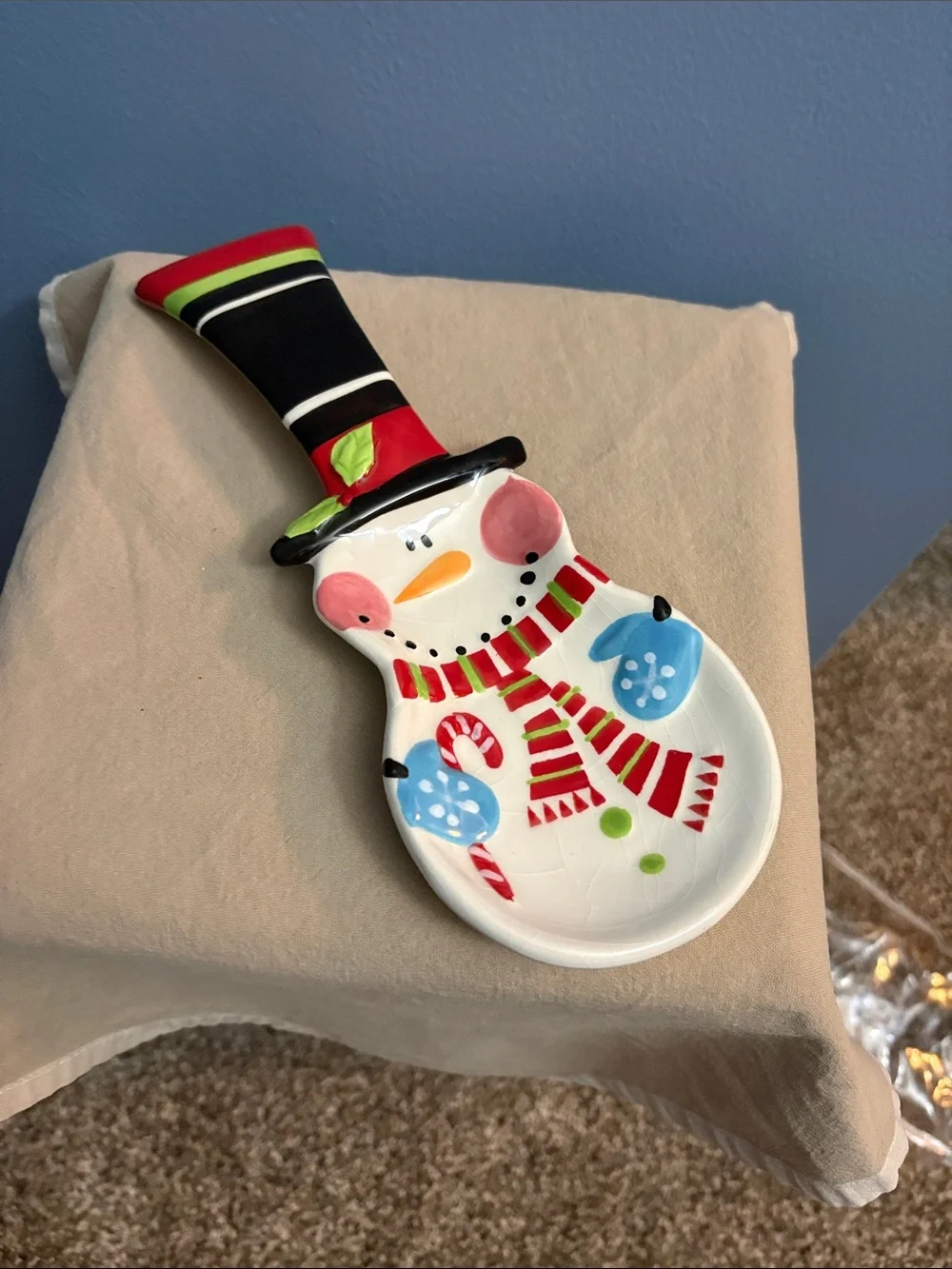 Festive Snowman Ceramic Spoon Rest - White, Red, Black
